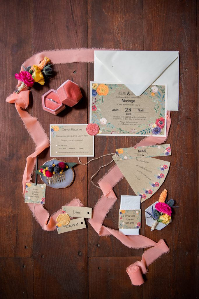 papeterie mariage colorée faire part et détails mariage Landes