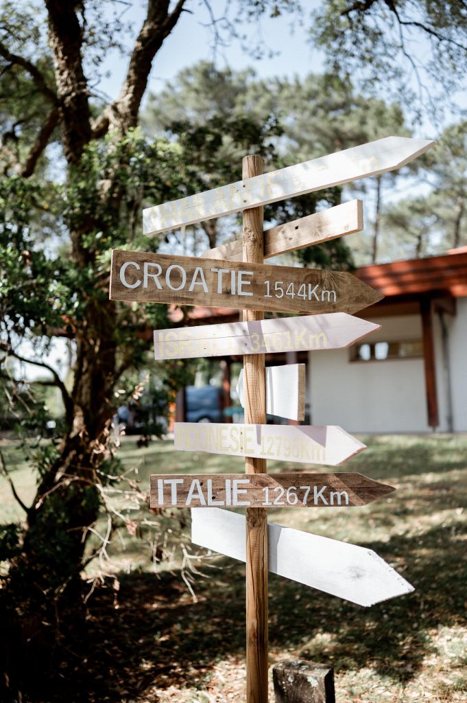 décoration mariage panneaux direction bois thème voyage extérieur